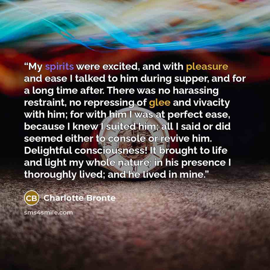 “My spirits were excited, and with pleasure and ease I talked to him during supper, and for a long time after. There was no harassing restraint, no repressing of glee and vivacity with him; for with him I was at perfect ease, because I knew I suited him; all I said or did seemed either to console…” quote by Charlotte Brontë