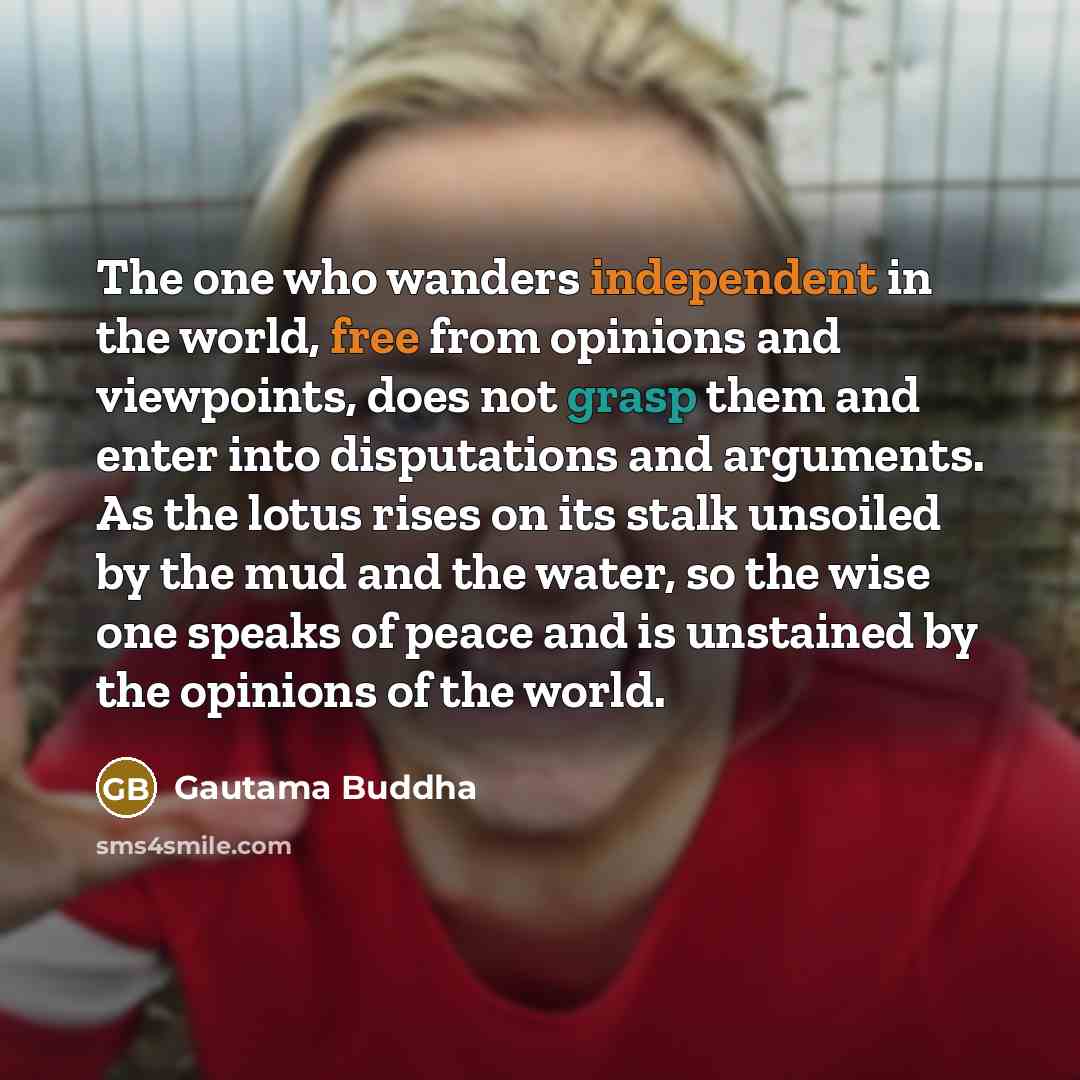 “The one who wanders independent in the world, free from opinions and viewpoints, does not grasp them and enter into disputations and arguments. As the lotus rises on its stalk unsoiled by the mud and the water, so the wise one speaks of peace and is unstained by the opinions of the world.” quote by Gautama Buddha