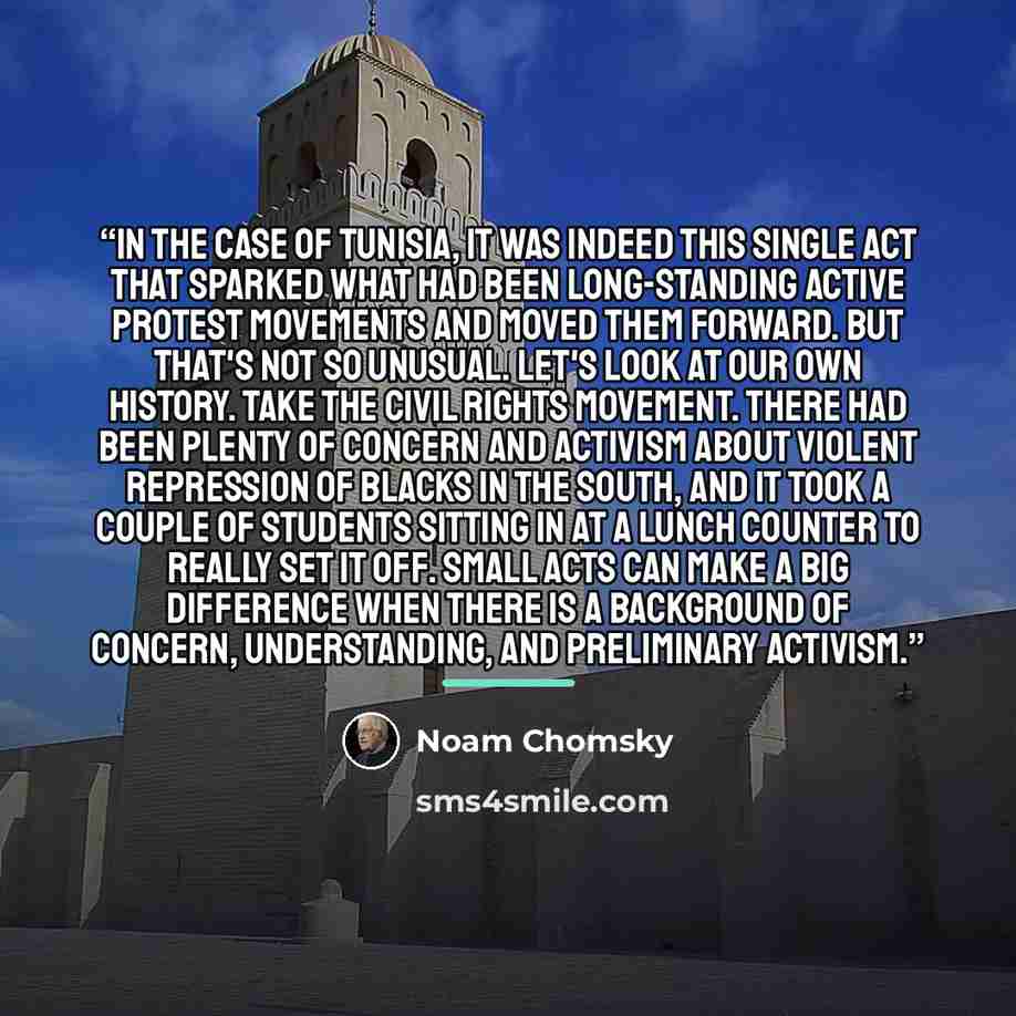 “In the case of Tunisia, it was indeed this single act that sparked what had been long-standing active protest movements and moved them forward. But that's not so unusual. Let's look at our own history. Take the civil rights movement. There had been plenty of concern and activism about violent…” quote by Noam Chomsky