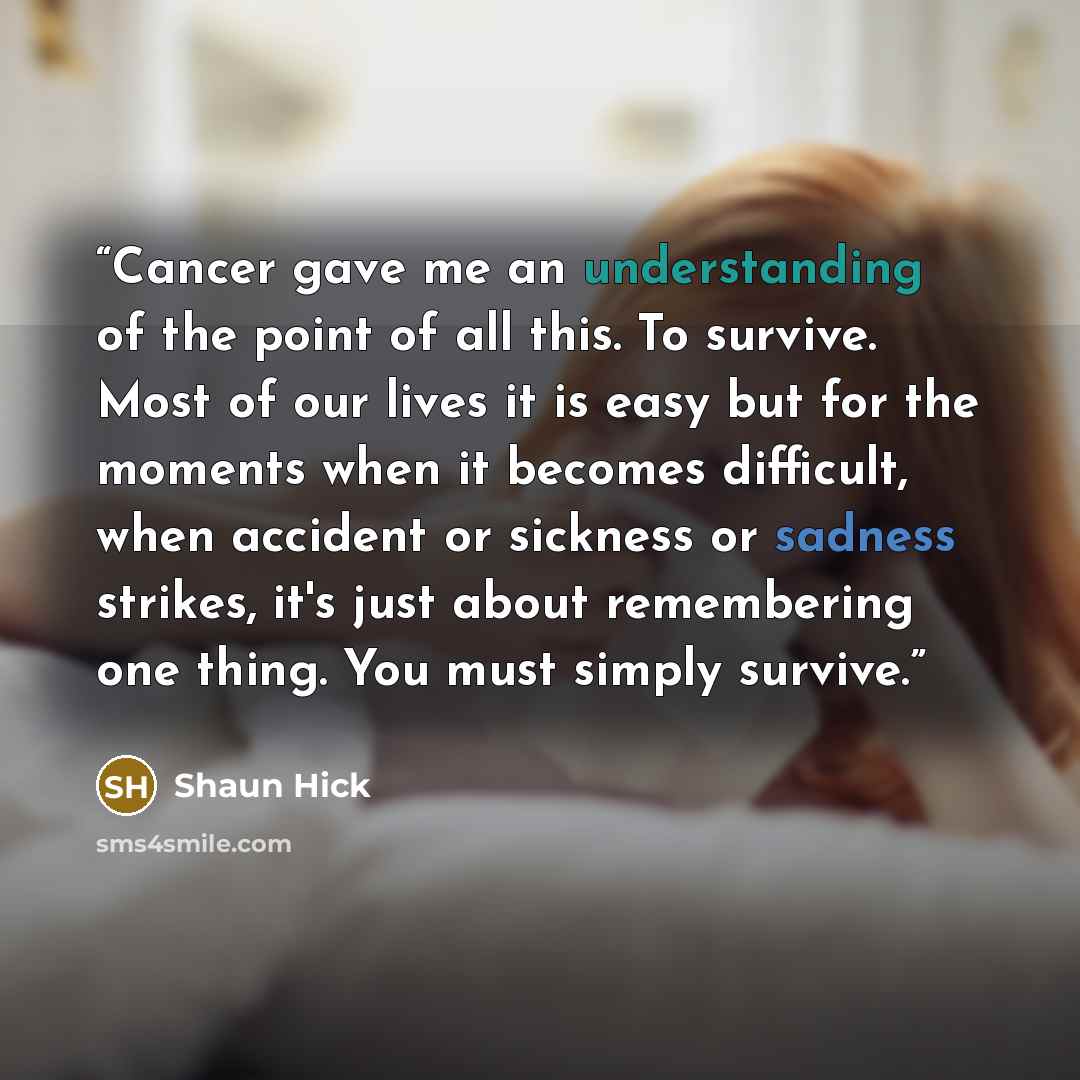 “Cancer gave me an understanding of the point of all this. To survive. Most of our lives it is easy but for the moments when it becomes difficult, when accident or sickness or sadness strikes, it's just about remembering one thing. You must simply survive.” quote by Shaun Hick