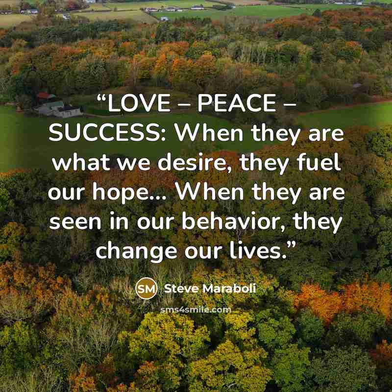 “LOVE – PEACE – SUCCESS: When they are what we desire, they fuel our hope… When they are seen in our behavior, they change our lives.” quote by Steve Maraboli
