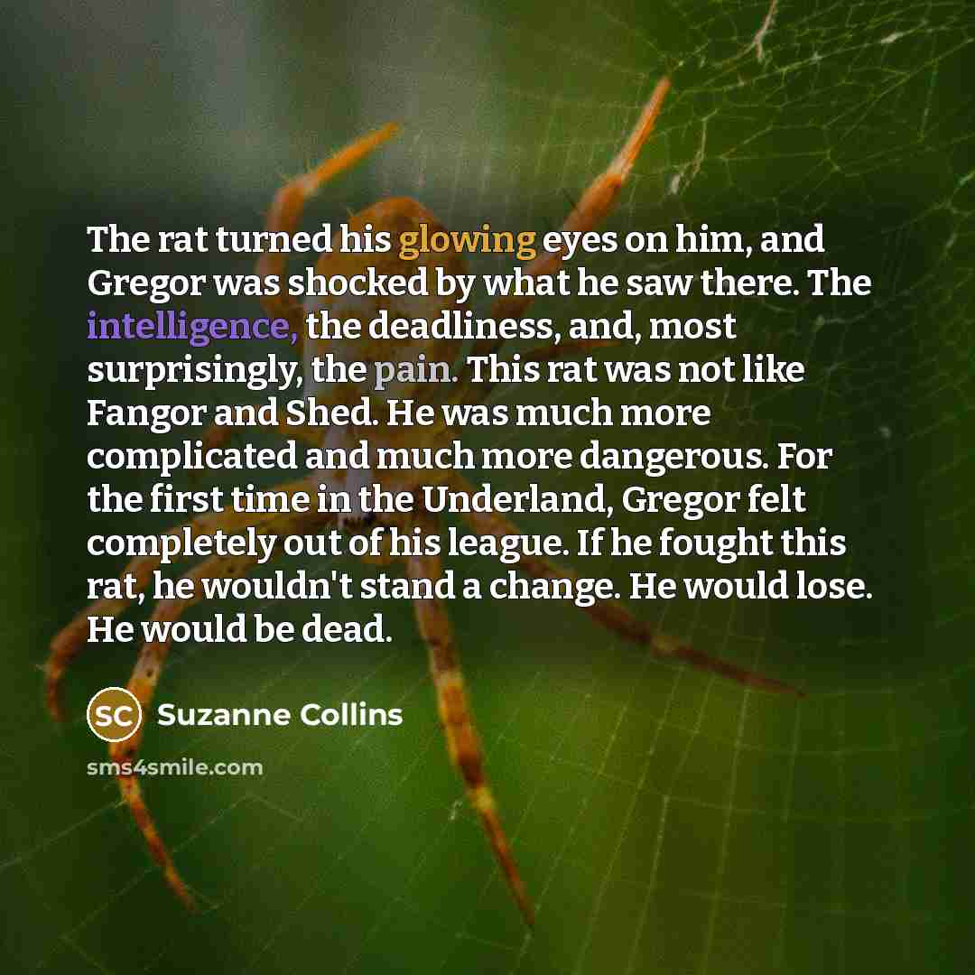 “The rat turned his glowing eyes on him, and Gregor was shocked by what he saw there. The intelligence, the deadliness, and, most surprisingly, the pain. This rat was not like Fangor and Shed. He was much more complicated and much more dangerous. For the first time in the Underland, Gregor felt…” quote by Suzanne Collins
