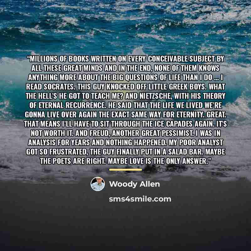 “Millions of books written on every conceivable subject by all these great minds and in the end, none of them knows anything more about the big questions of life than I do … I read Socrates. This guy knocked off little Greek boys. What the Hell’s he got to teach me? And Nietzsche, with his theory…” quote by Woody Allen