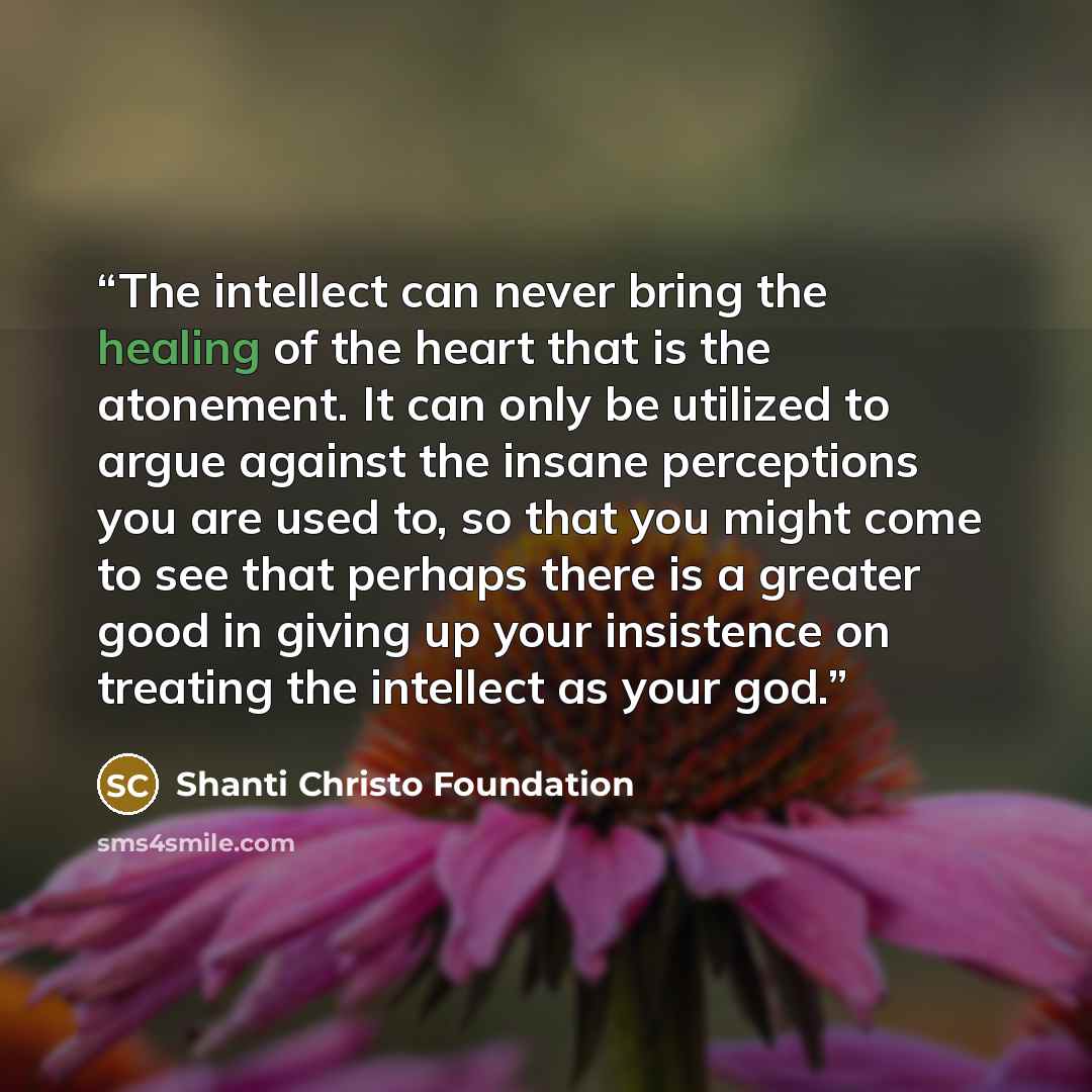 “The intellect can never bring the healing of the heart that is the atonement. It can only be utilized to argue against the insane perceptions you are used to, so that you might come to see that perhaps there is a greater good in giving up your insistence on treating the intellect as your god.” quote by Shanti Christo Foundation