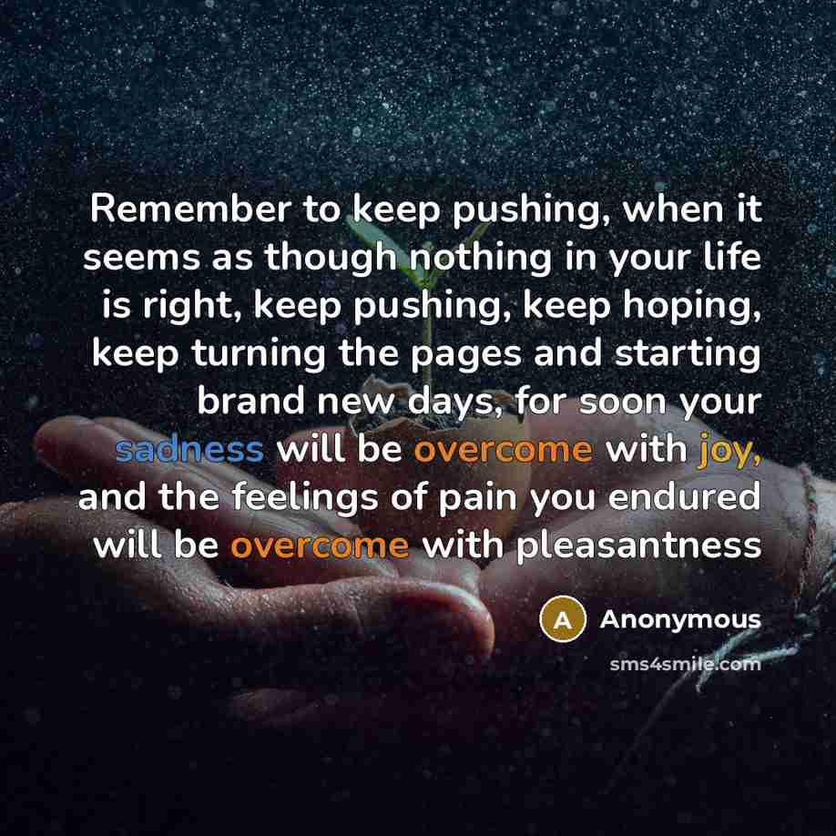 “Remember to keep pushing, when it seems as though nothing in your life is right, keep pushing, keep hoping, keep turning the pages and starting brand new days, for soon your sadness will be overcome with joy, and the feelings of pain you endured will be overcome with pleasantness” quote by Anonymous