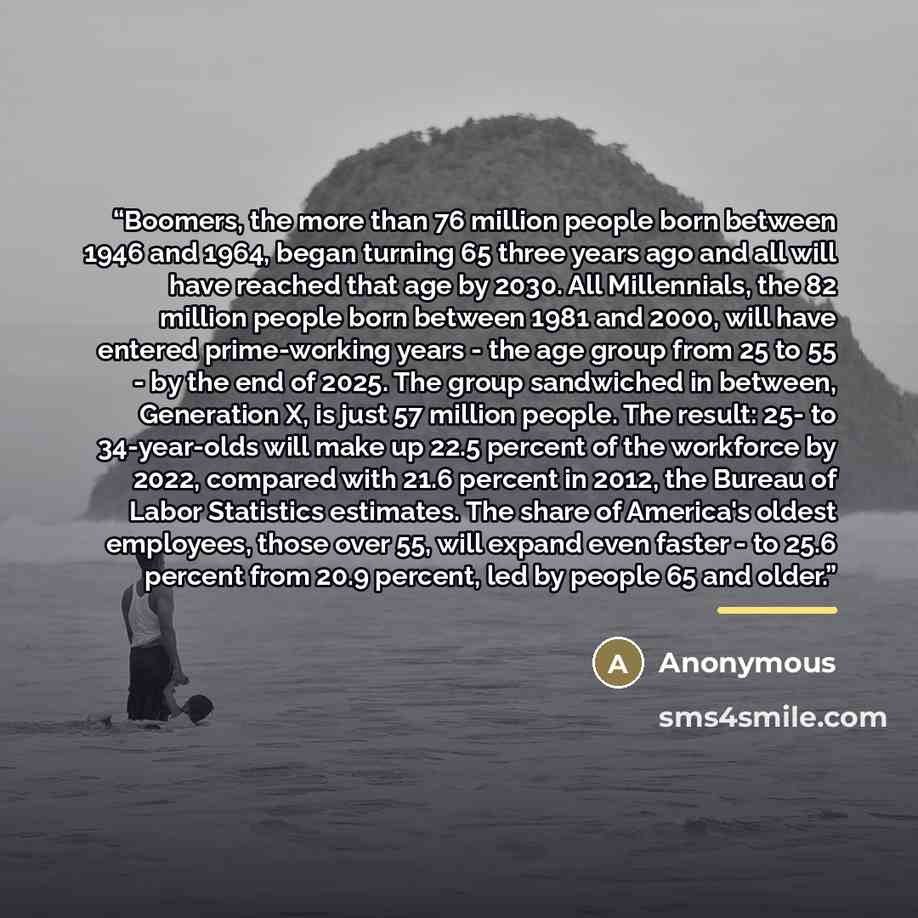 “Boomers, the more than 76 million people born between 1946 and 1964, began turning 65 three years ago and all will have reached that age by 2030. All Millennials, the 82 million people born between 1981 and 2000, will have entered prime-working years - the age group from 25 to 55 - by the end of…” quote by Anonymous
