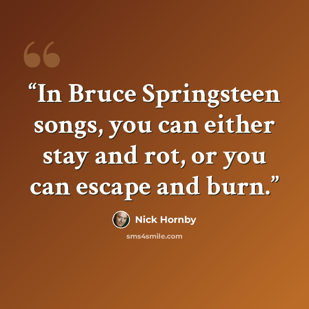 “In Bruce Springsteen songs, you can either stay and rot, or you can escape and burn.” quote by Nick Hornby