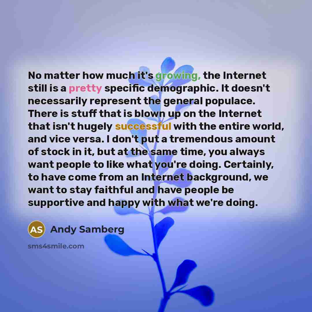 “No matter how much it's growing, the Internet still is a pretty specific demographic. It doesn't necessarily represent the general populace. There is stuff that is blown up on the Internet that isn't hugely successful with the entire world, and vice versa. I don't put a tremendous amount of stock…” quote by Andy Samberg