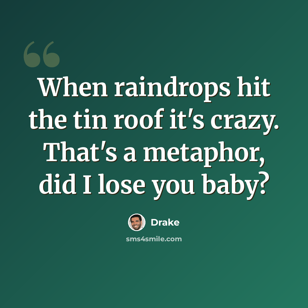 “When raindrops hit the tin roof it's crazy. That's a metaphor, did I lose you baby?” quote by Drake