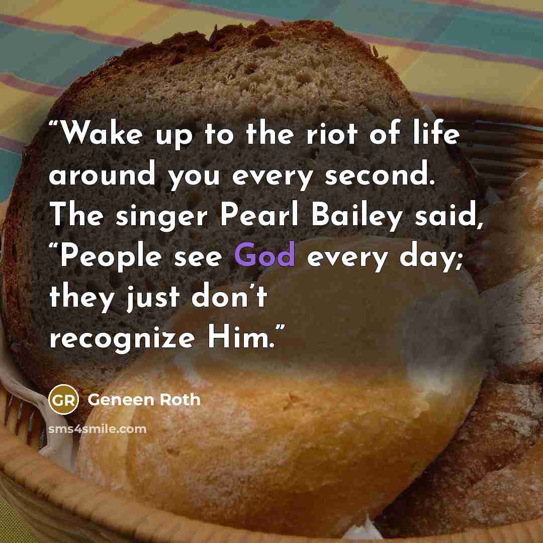 “Wake up to the riot of life around you every second. The singer Pearl Bailey said, “People see God every day; they just don’t recognize Him.” quote by Geneen Roth