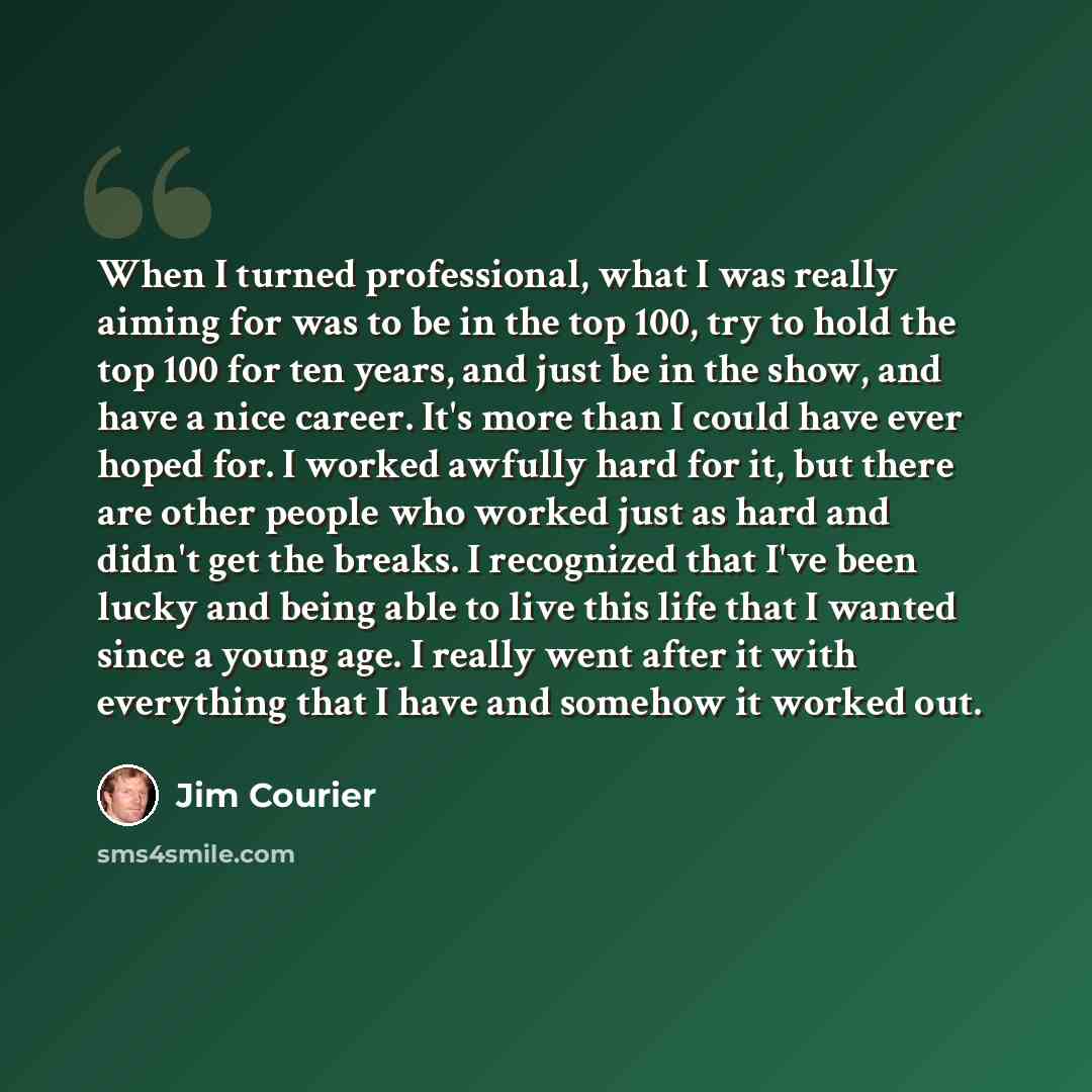 “When I turned professional, what I was really aiming for was to be in the top 100, try to hold the top 100 for ten years, and just be in the show, and have a nice career. It's more than I could have ever hoped for. I worked awfully hard for it, but there are other people who worked just as hard…” quote by Jim Courier