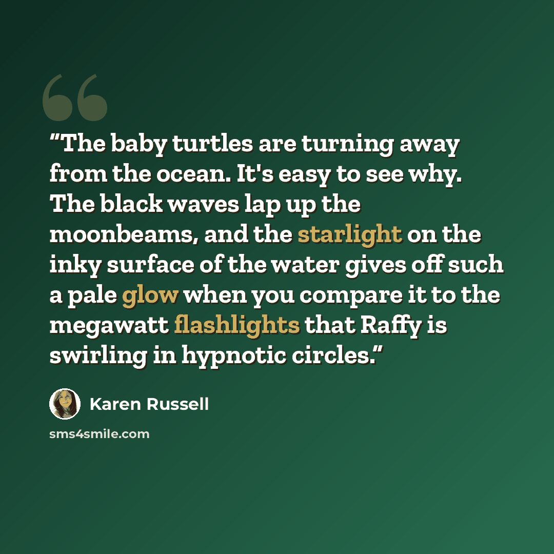 “The baby turtles are turning away from the ocean. It's easy to see why. The black waves lap up the moonbeams, and the starlight on the inky surface of the water gives off such a pale glow when you compare it to the megawatt flashlights that Raffy is swirling in hypnotic circles.” quote by Karen Russell