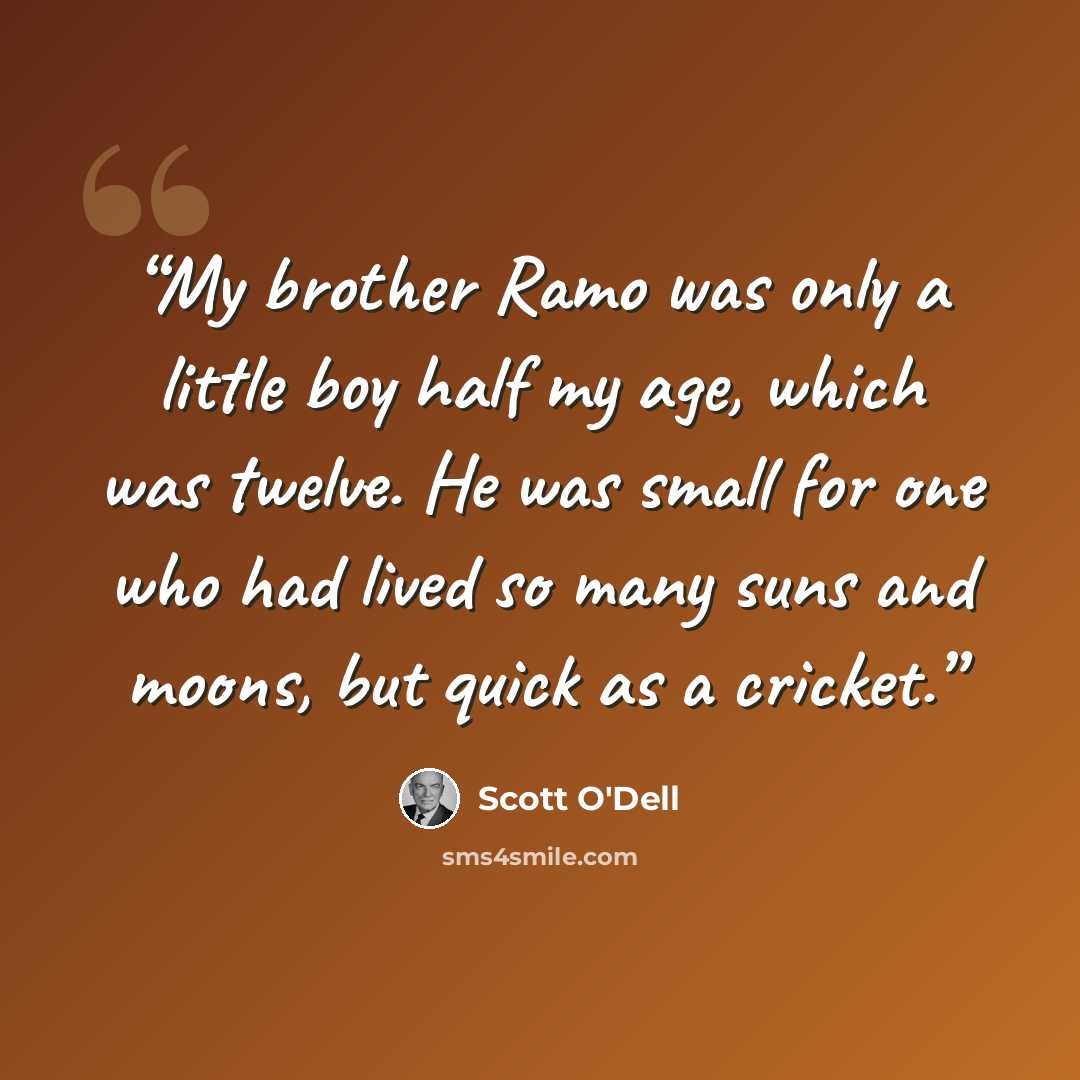 “My brother Ramo was only a little boy half my age, which was twelve. He was small for one who had lived so many suns and moons, but quick as a cricket.” quote by Scott O'Dell