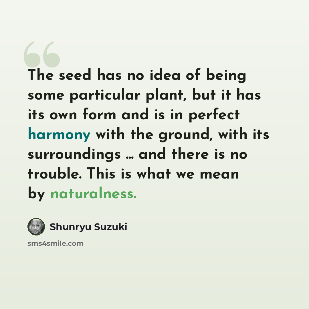 “The seed has no idea of being some particular plant, but it has its own form and is in perfect harmony with the ground, with its surroundings ... and there is no trouble. This is what we mean by naturalness.” quote by Shunryu Suzuki