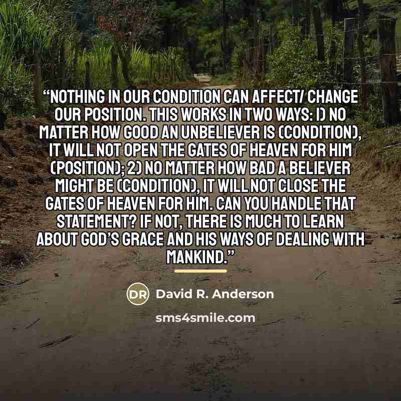 “Nothing in our Condition can affect/ change our Position. This works in two ways: 1) No matter how good an unbeliever is (Condition), it will not open the gates of heaven for him (Position); 2) No matter how bad a believer might be (Condition), it will not close the gates of heaven for him. Can…” quote by David R. Anderson