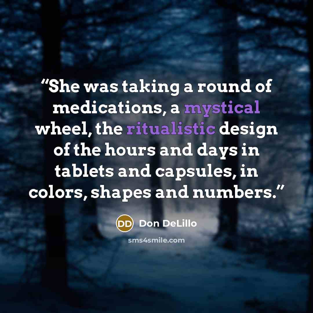 “She was taking a round of medications, a mystical wheel, the ritualistic design of the hours and days in tablets and capsules, in colors, shapes and numbers.” quote by Don DeLillo