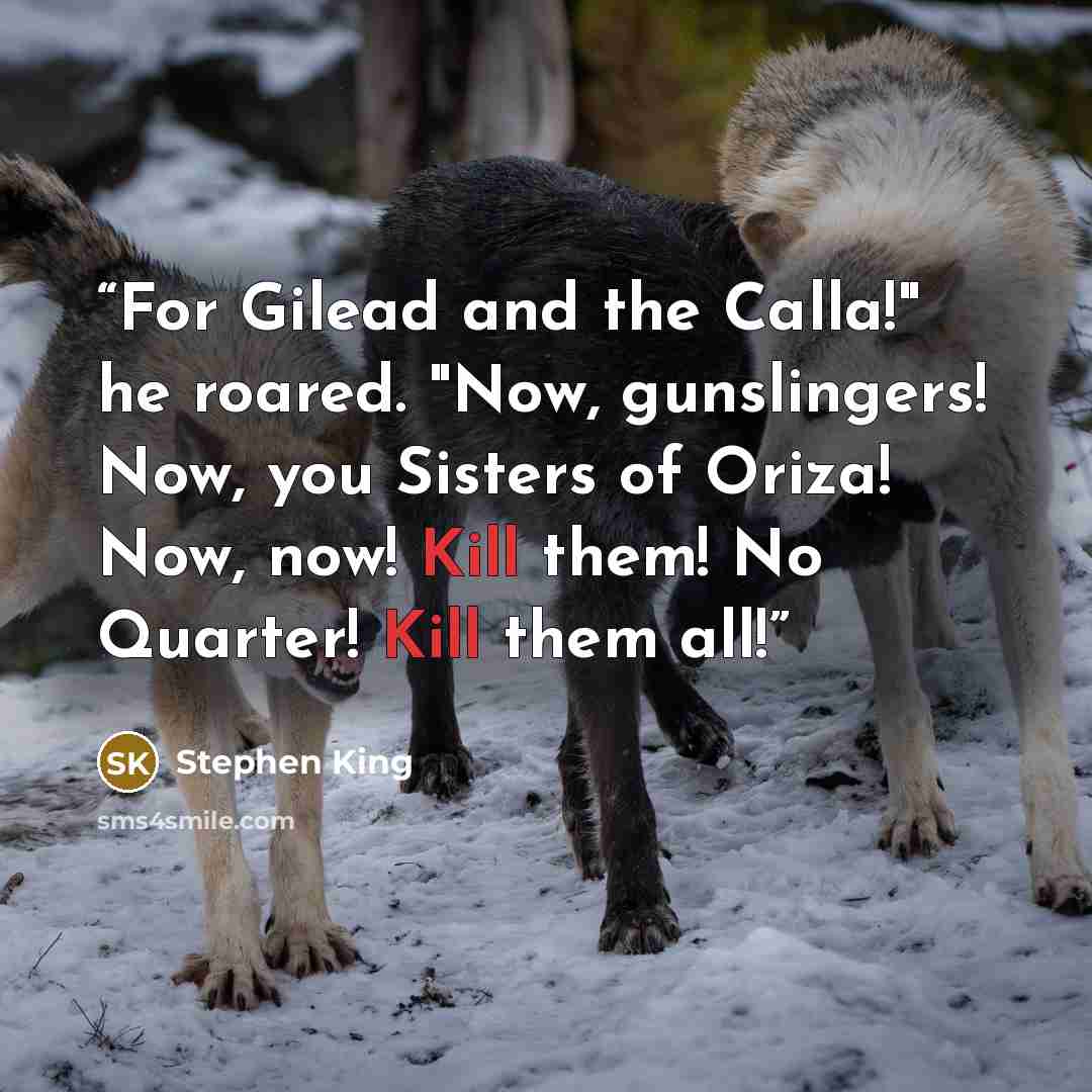 “For Gilead and the Calla!" he roared. "Now, gunslingers! Now, you Sisters of Oriza! Now, now! Kill them! No Quarter! Kill them all!” quote by Stephen King