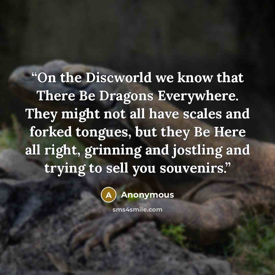 “On the Discworld we know that There Be Dragons Everywhere. They might not all have scales and forked tongues, but they Be Here all right, grinning and jostling and trying to sell you souvenirs.” quote by Anonymous