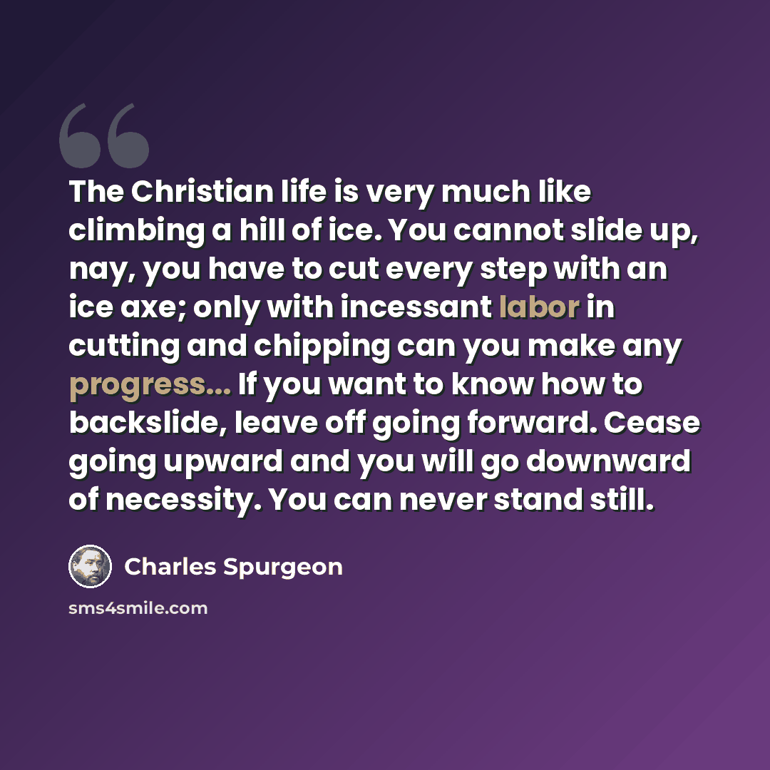 “The Christian life is very much like climbing a hill of ice. You cannot slide up, nay, you have to cut every step with an ice axe; only with incessant labor in cutting and chipping can you make any progress... If you want to know how to backslide, leave off going forward. Cease going upward and…” quote by Charles Spurgeon