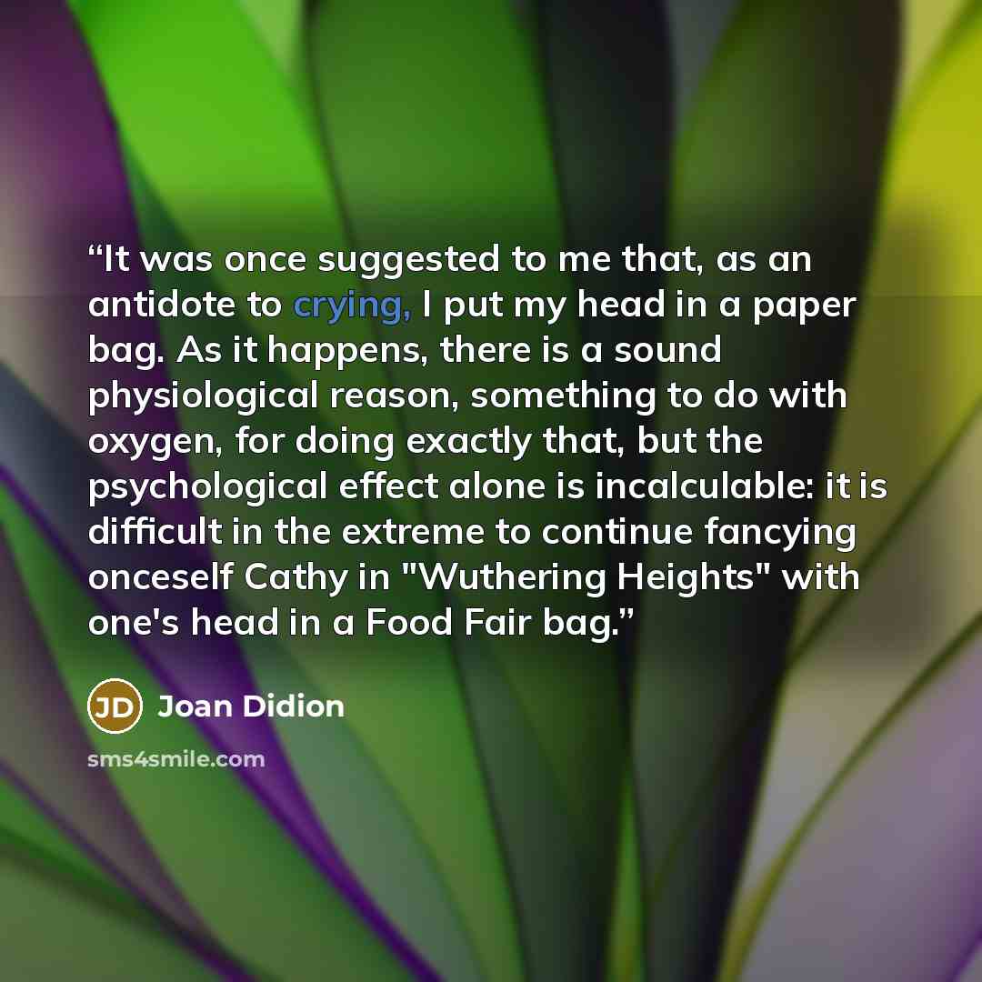 “It was once suggested to me that, as an antidote to crying, I put my head in a paper bag. As it happens, there is a sound physiological reason, something to do with oxygen, for doing exactly that, but the psychological effect alone is incalculable: it is difficult in the extreme to continue…” quote by Joan Didion