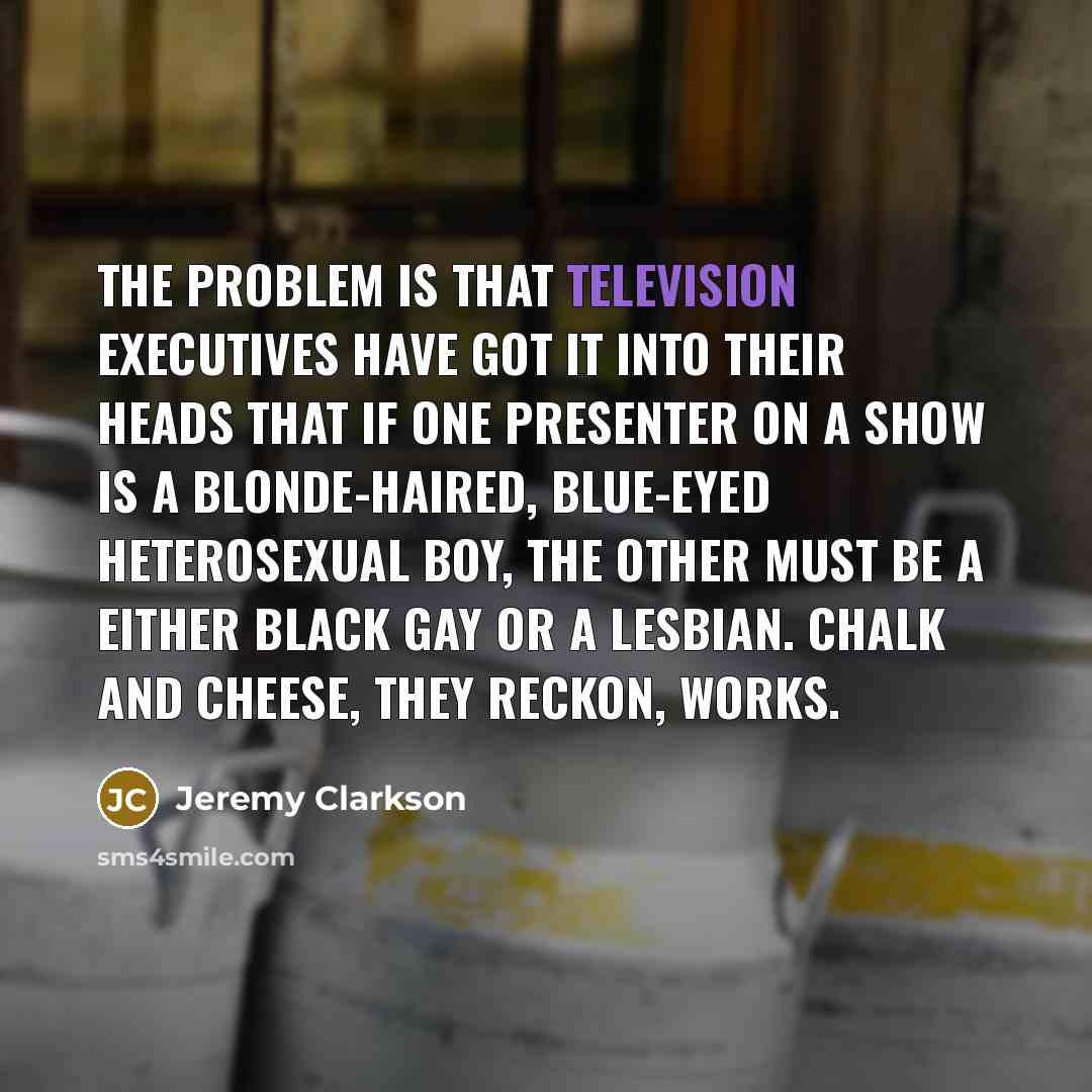 “The problem is that television executives have got it into their heads that if one presenter on a show is a blonde-haired, blue-eyed heterosexual boy, the other must be a either black gay or a lesbian. Chalk and cheese, they reckon, works.” quote by Jeremy Clarkson