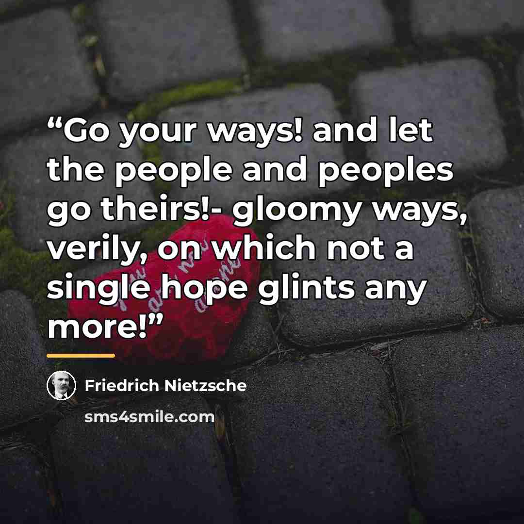 “Go your ways! and let the people and peoples go theirs!- gloomy ways, verily, on which not a single hope glints any more!” quote by Friedrich Nietzsche