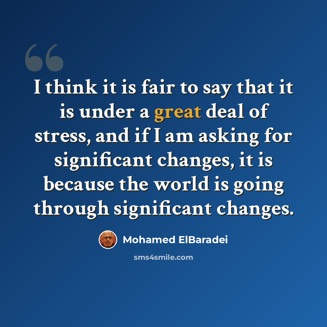 “I think it is fair to say that it is under a great deal of stress, and if I am asking for significant changes, it is because the world is going through significant changes.” quote by Mohamed ElBaradei