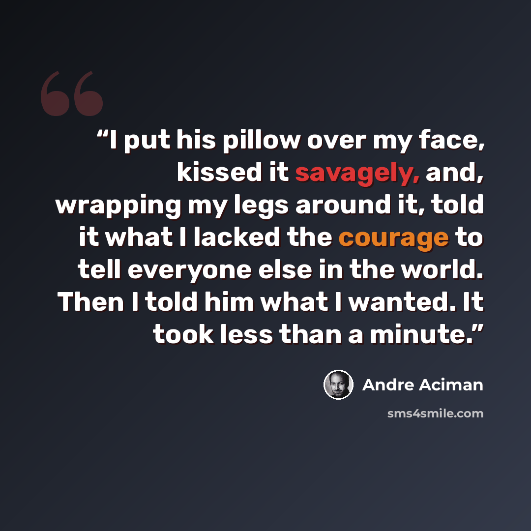 “I put his pillow over my face, kissed it savagely, and, wrapping my legs around it, told it what I lacked the courage to tell everyone else in the world. Then I told him what I wanted. It took less than a minute.” quote by André Aciman