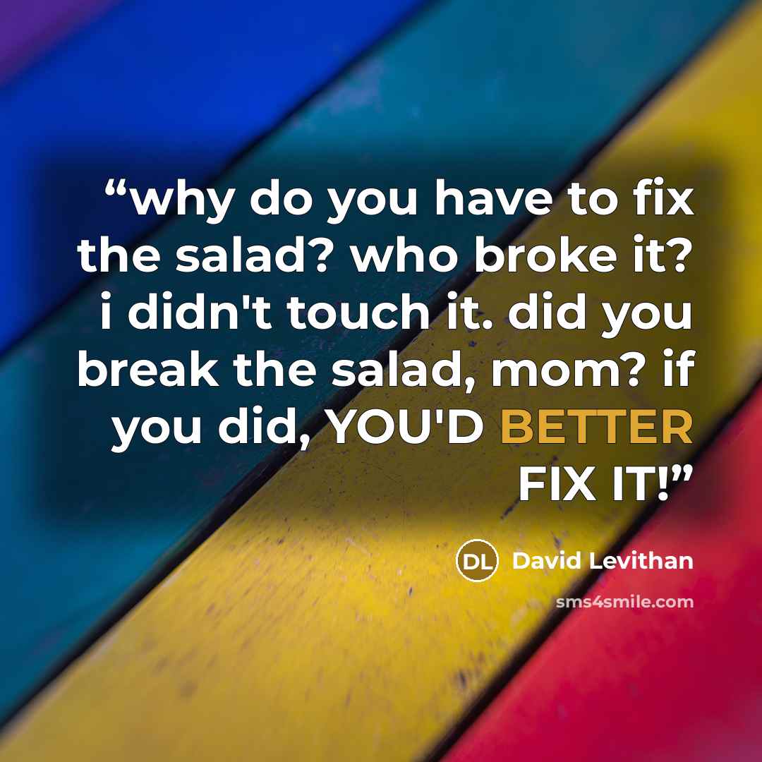 “why do you have to fix the salad? who broke it? i didn't touch it. did you break the salad, mom? if you did, YOU'D BETTER FIX IT!” quote by David Levithan