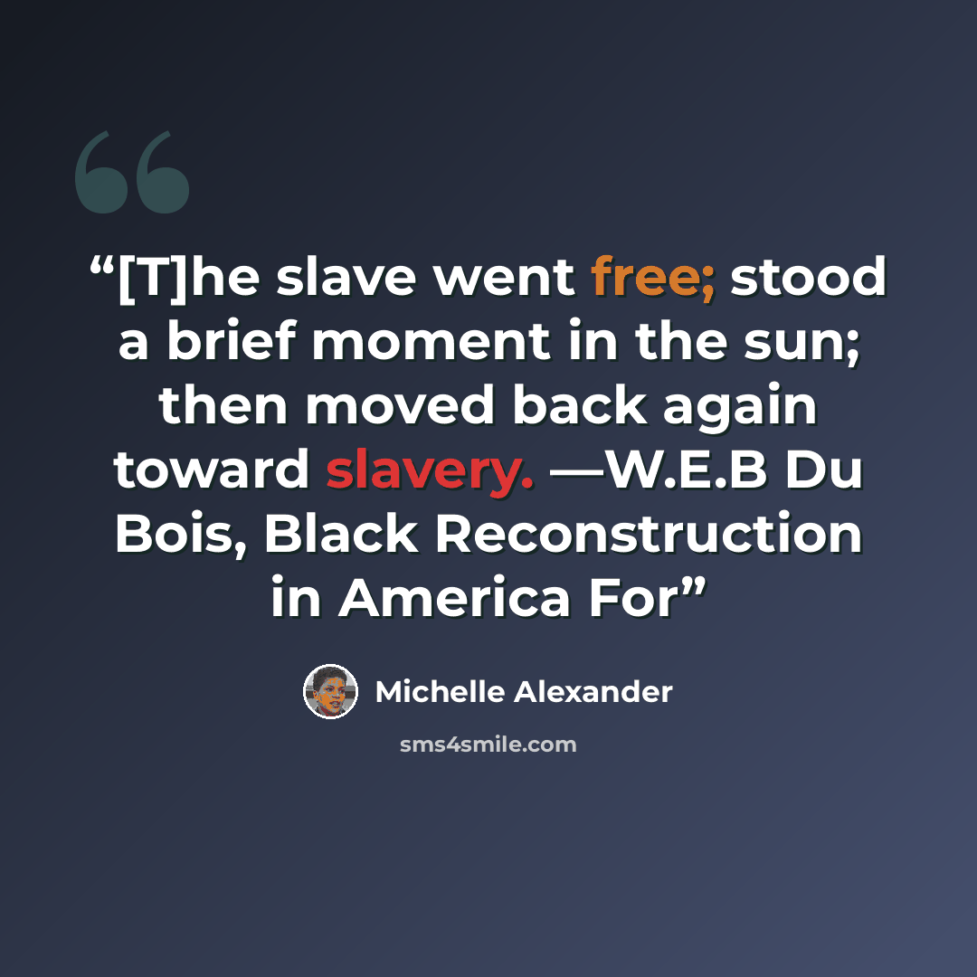 “[T]he slave went free; stood a brief moment in the sun; then moved back again toward slavery. —W.E.B Du Bois, Black Reconstruction in America For” quote by Michelle Alexander