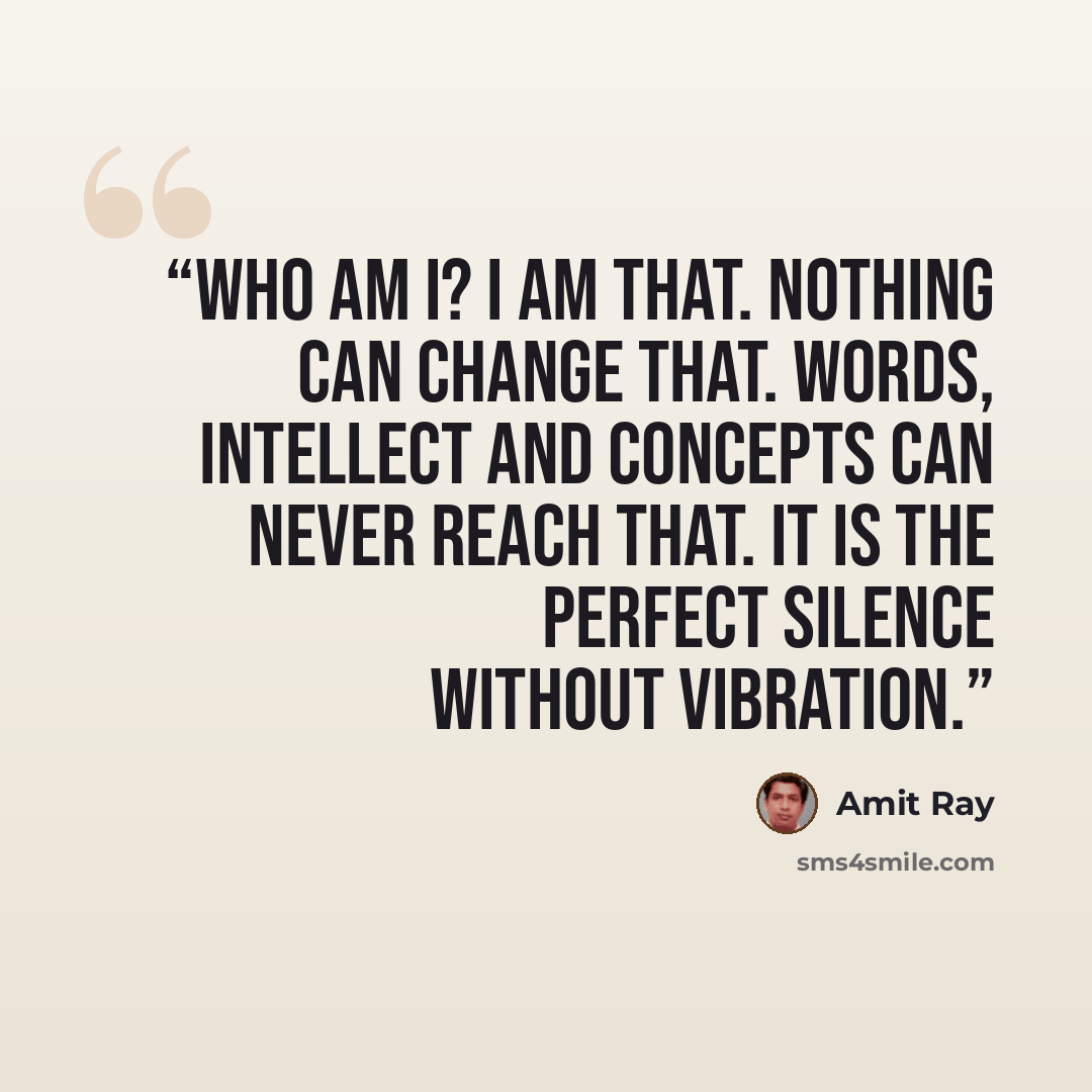 “Who am I? I am that. Nothing can change that. Words, intellect and concepts can never reach that. It is the perfect silence without vibration.” quote by Amit Ray