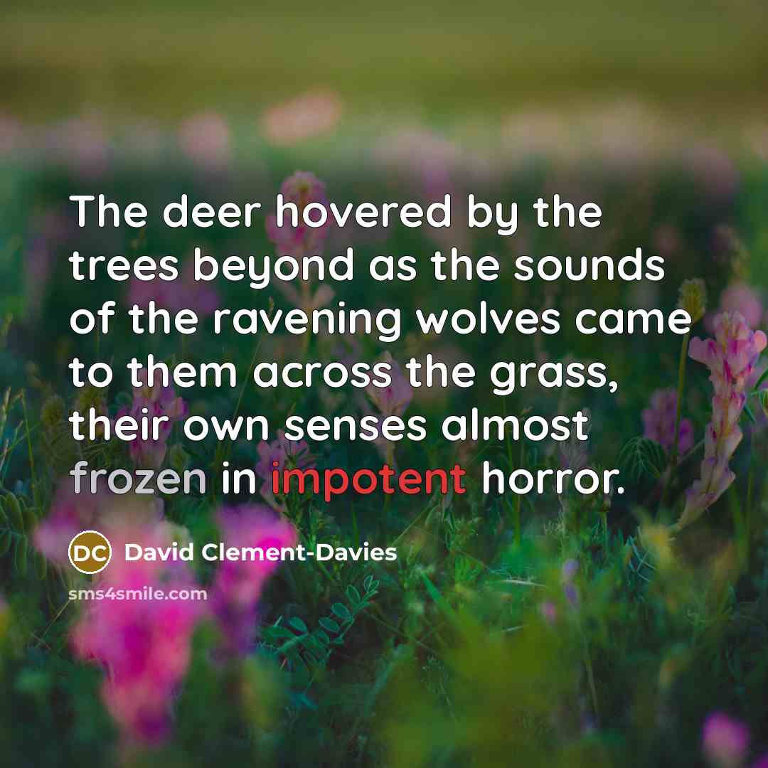 “The deer hovered by the trees beyond as the sounds of the ravening wolves came to them across the grass, their own senses almost frozen in impotent horror.” quote by David Clement-Davies