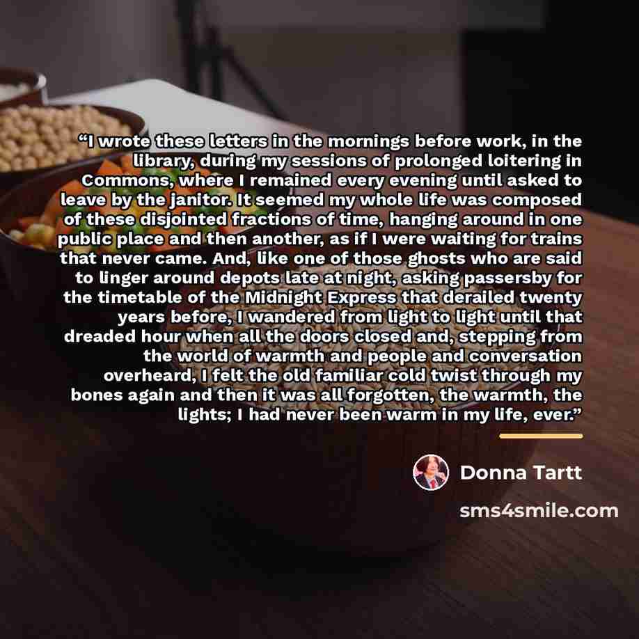 “I wrote these letters in the mornings before work, in the library, during my sessions of prolonged loitering in Commons, where I remained every evening until asked to leave by the janitor. It seemed my whole life was composed of these disjointed fractions of time, hanging around in one public…” quote by Donna Tartt