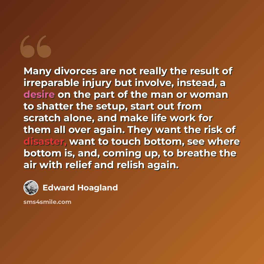 “Many divorces are not really the result of irreparable injury but involve, instead, a desire on the part of the man or woman to shatter the setup, start out from scratch alone, and make life work for them all over again. They want the risk of disaster, want to touch bottom, see where bottom is…” quote by Edward Hoagland