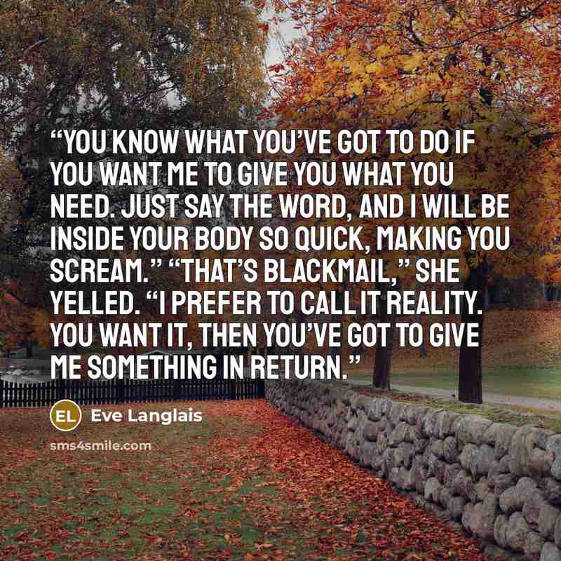 “you know what you’ve got to do if you want me to give you what you need. Just say the word, and I will be inside your body so quick, making you scream.” “That’s blackmail,” she yelled. “I prefer to call it reality. You want it, then you’ve got to give me something in return.” quote by Eve Langlais