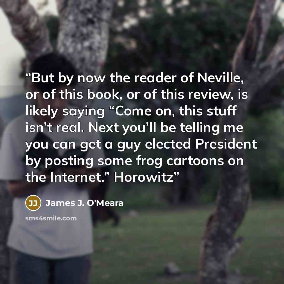 “But by now the reader of Neville, or of this book, or of this review, is likely saying “Come on, this stuff isn’t real. Next you’ll be telling me you can get a guy elected President by posting some frog cartoons on the Internet.” Horowitz” quote by James J. O'Meara