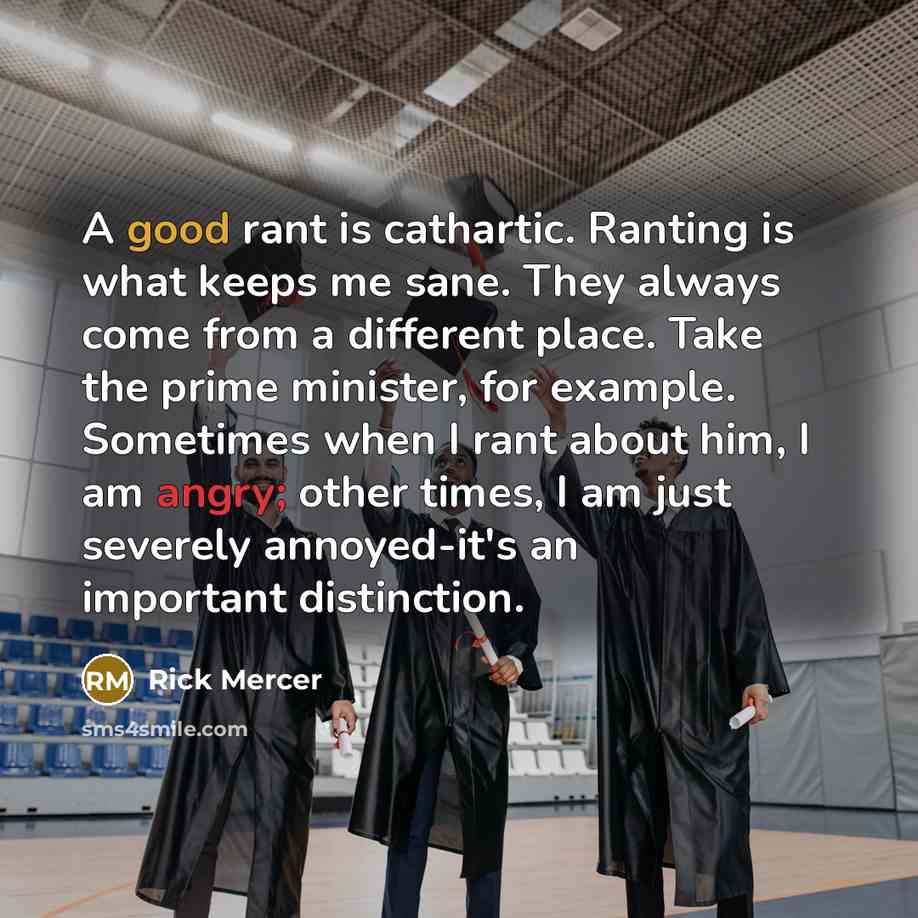 “A good rant is cathartic. Ranting is what keeps me sane. They always come from a different place. Take the prime minister, for example. Sometimes when I rant about him, I am angry; other times, I am just severely annoyed-it's an important distinction.” quote by Rick Mercer