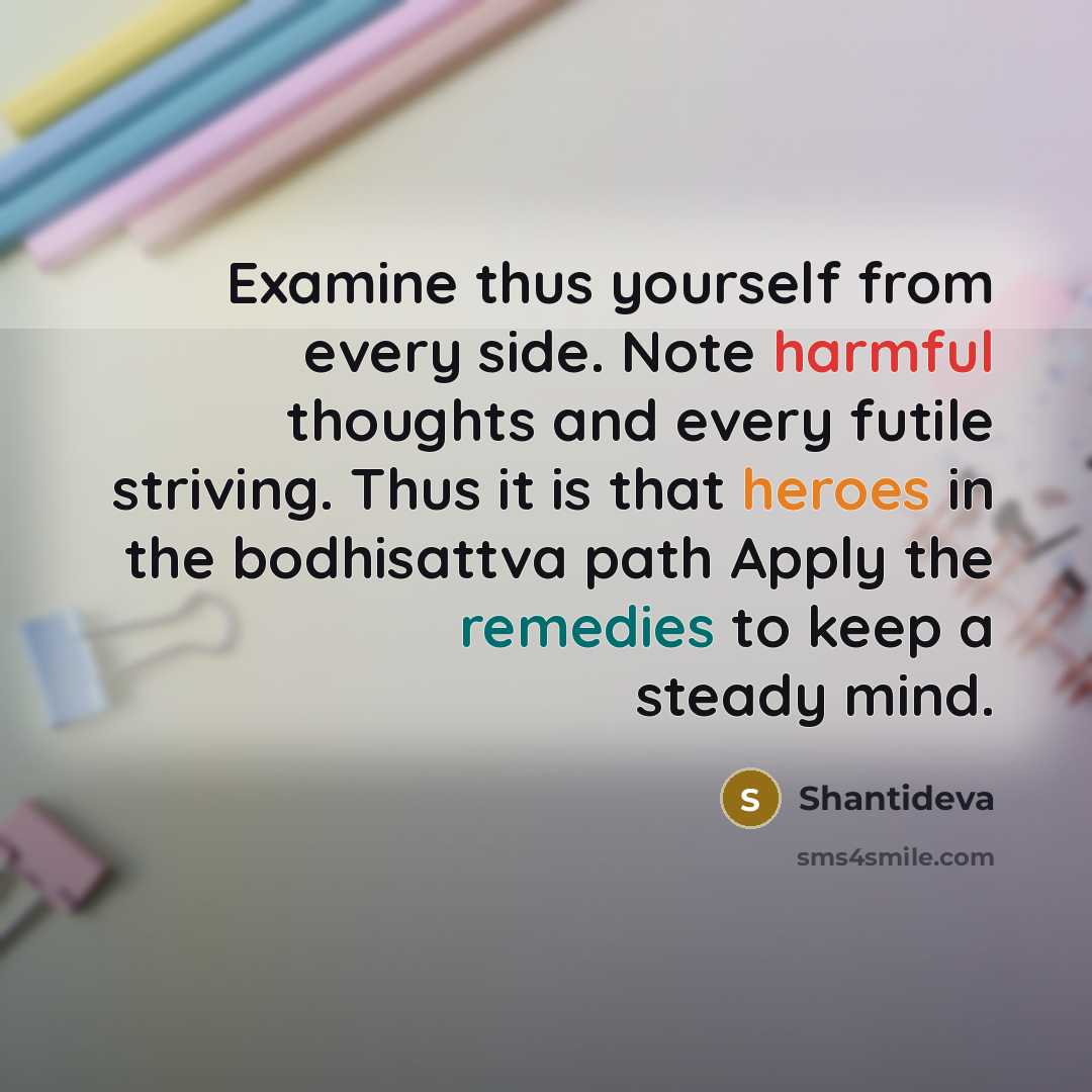 “Examine thus yourself from every side. Note harmful thoughts and every futile striving. Thus it is that heroes in the bodhisattva path Apply the remedies to keep a steady mind.” quote by Shantideva