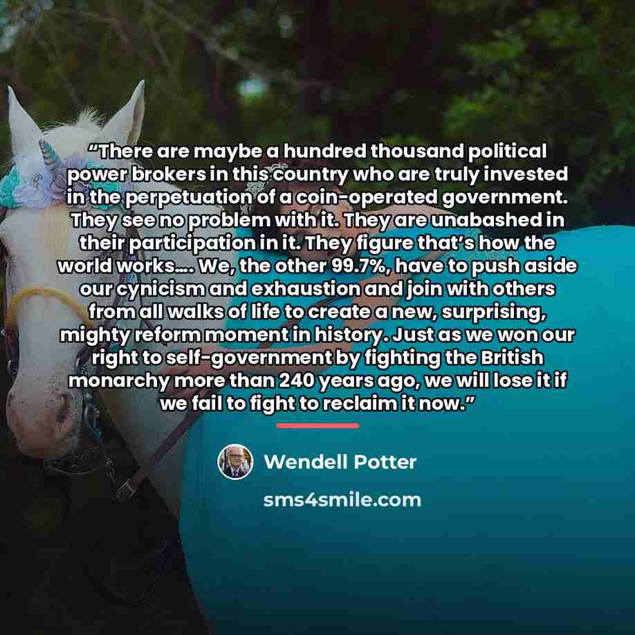 “There are maybe a hundred thousand political power brokers in this country who are truly invested in the perpetuation of a coin-operated government. They see no problem with it. They are unabashed in their participation in it. They figure that’s how the world works…. We, the other 99.7%, have to…” quote by Wendell Potter