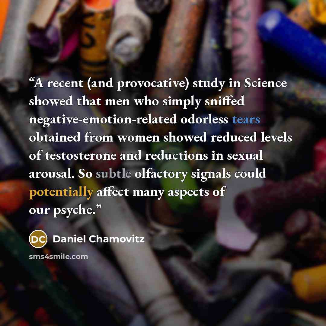 “A recent (and provocative) study in Science showed that men who simply sniffed negative-emotion-related odorless tears obtained from women showed reduced levels of testosterone and reductions in sexual arousal. So subtle olfactory signals could potentially affect many aspects of our psyche.” quote by Daniel Chamovitz