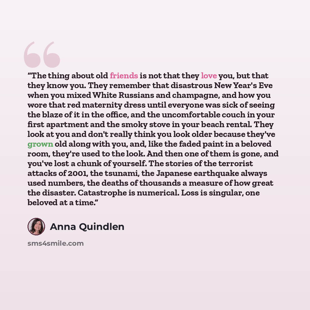 “The thing about old friends is not that they love you, but that they know you. They remember that disastrous New Year's Eve when you mixed White Russians and champagne, and how you wore that red maternity dress until everyone was sick of seeing the blaze of it in the office, and the uncomfortable…” quote by Anna Quindlen
