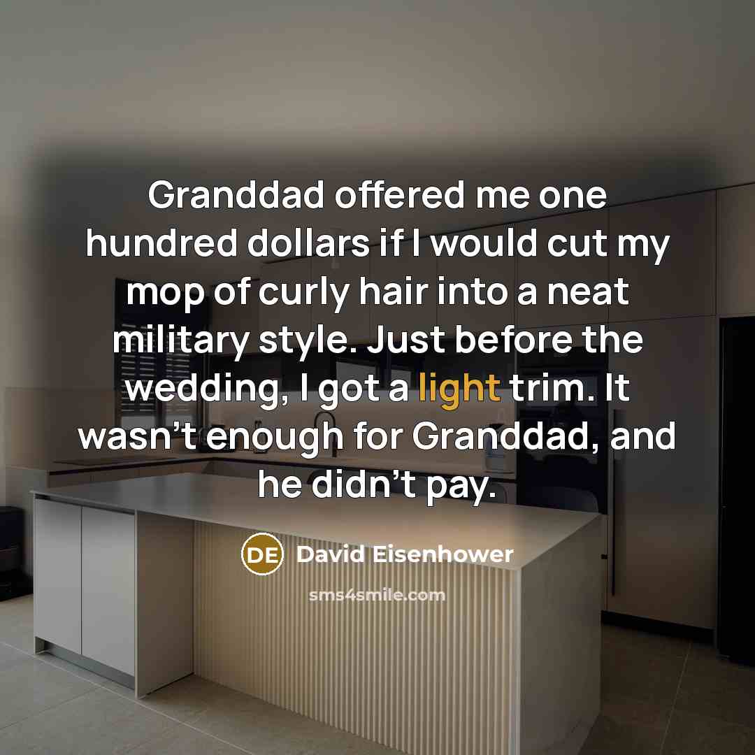 “Granddad offered me one hundred dollars if I would cut my mop of curly hair into a neat military style. Just before the wedding, I got a light trim. It wasn't enough for Granddad, and he didn't pay.” quote by David Eisenhower