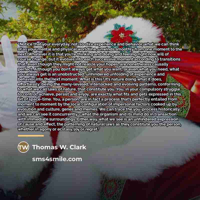 “Notice that your everyday, not-so-dire experience and behavior, what we can think of as your mental and physical worldline, unwinds smoothly from one moment to the next. Whatever it is that you’re thinking and doing and feeling right now will of course change, but it evolves into each successive…” quote by Thomas W. Clark