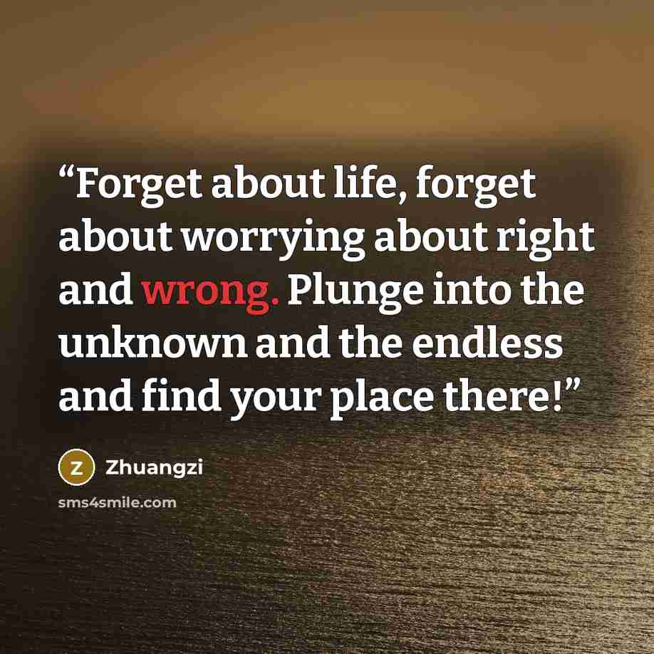 “Forget about life, forget about worrying about right and wrong. Plunge into the unknown and the endless and find your place there!” quote by Zhuangzi
