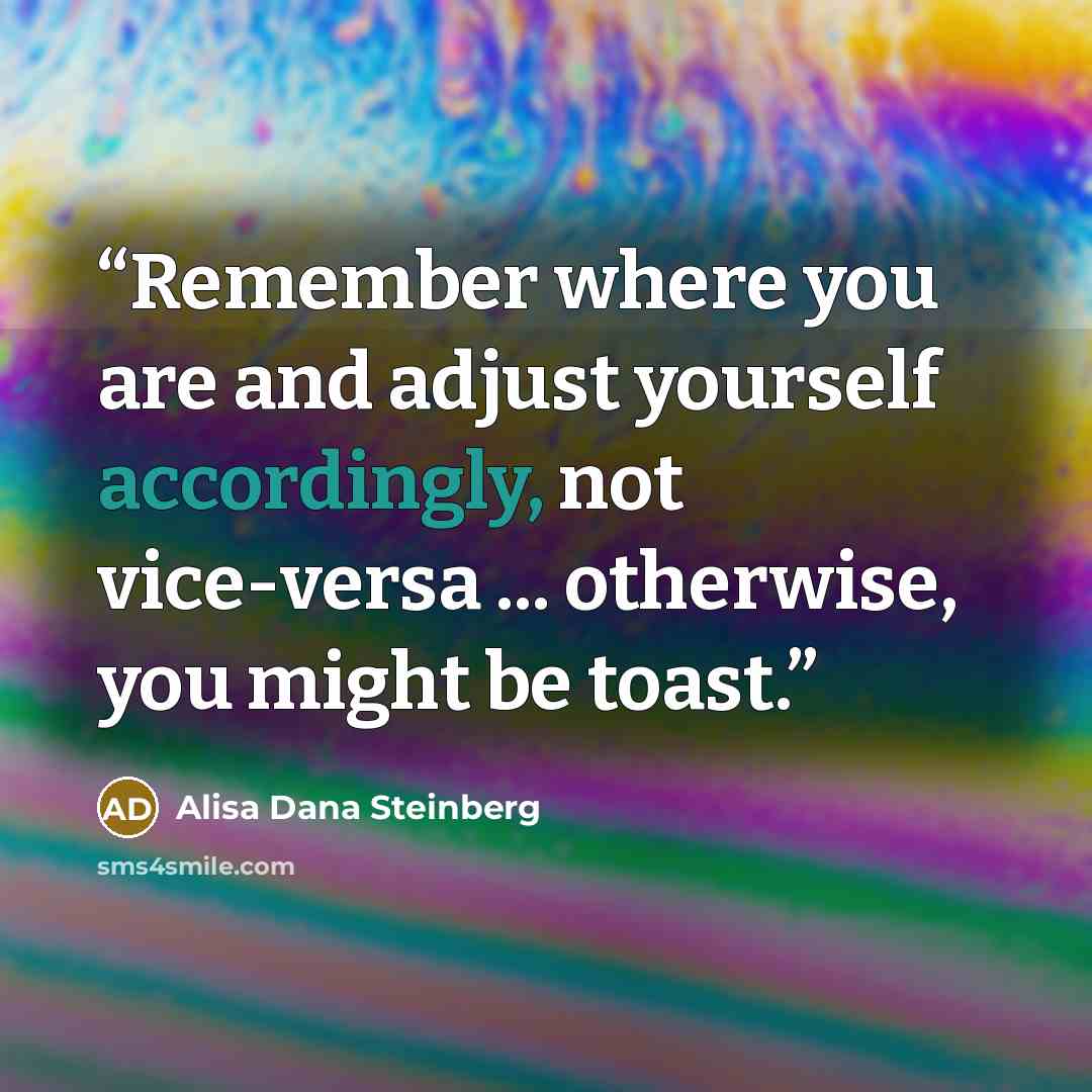 “Remember where you are and adjust yourself accordingly, not vice-versa ... otherwise, you might be toast.” quote by Alisa Dana Steinberg