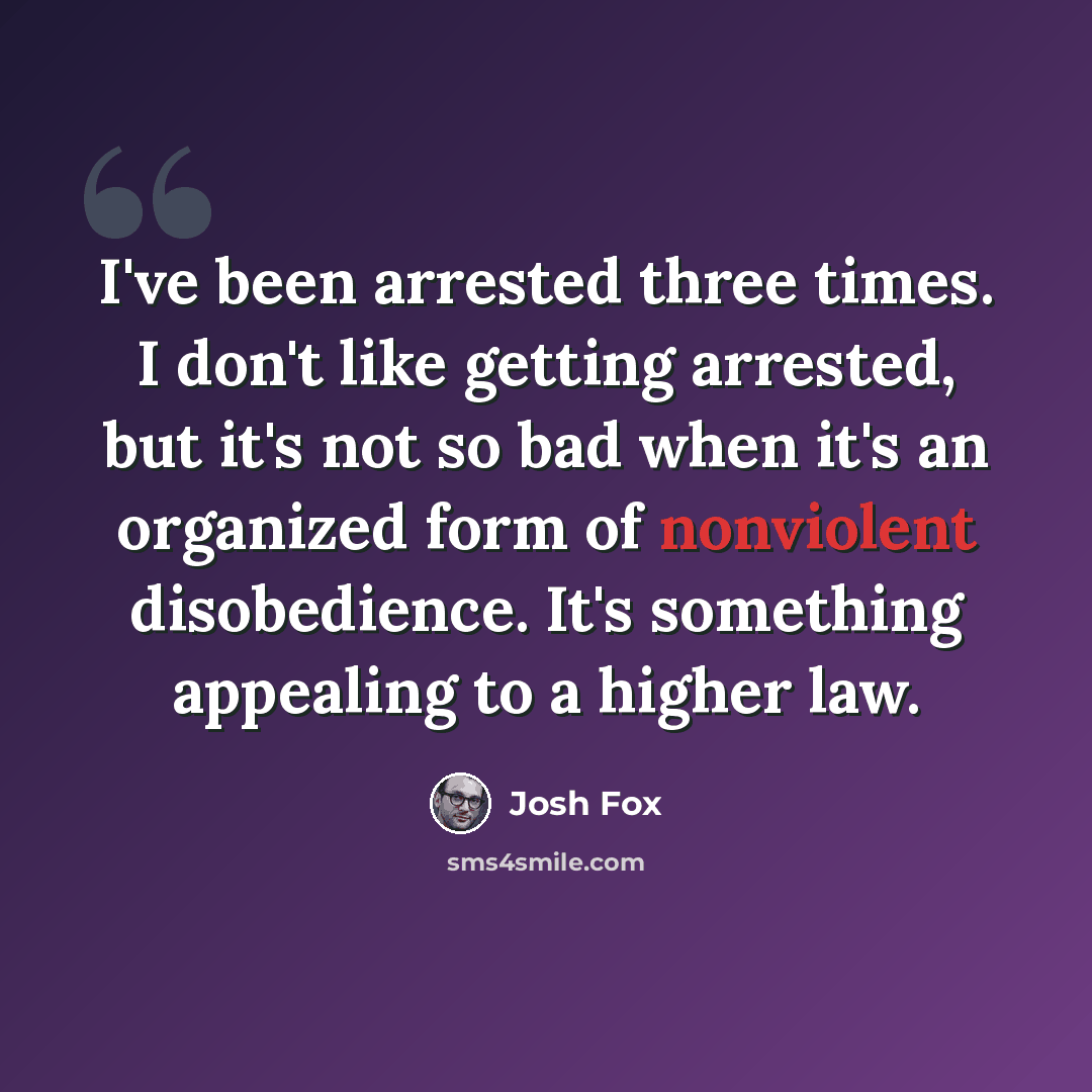 “I've been arrested three times. I don't like getting arrested, but it's not so bad when it's an organized form of nonviolent disobedience. It's something appealing to a higher law.” quote by Josh Fox