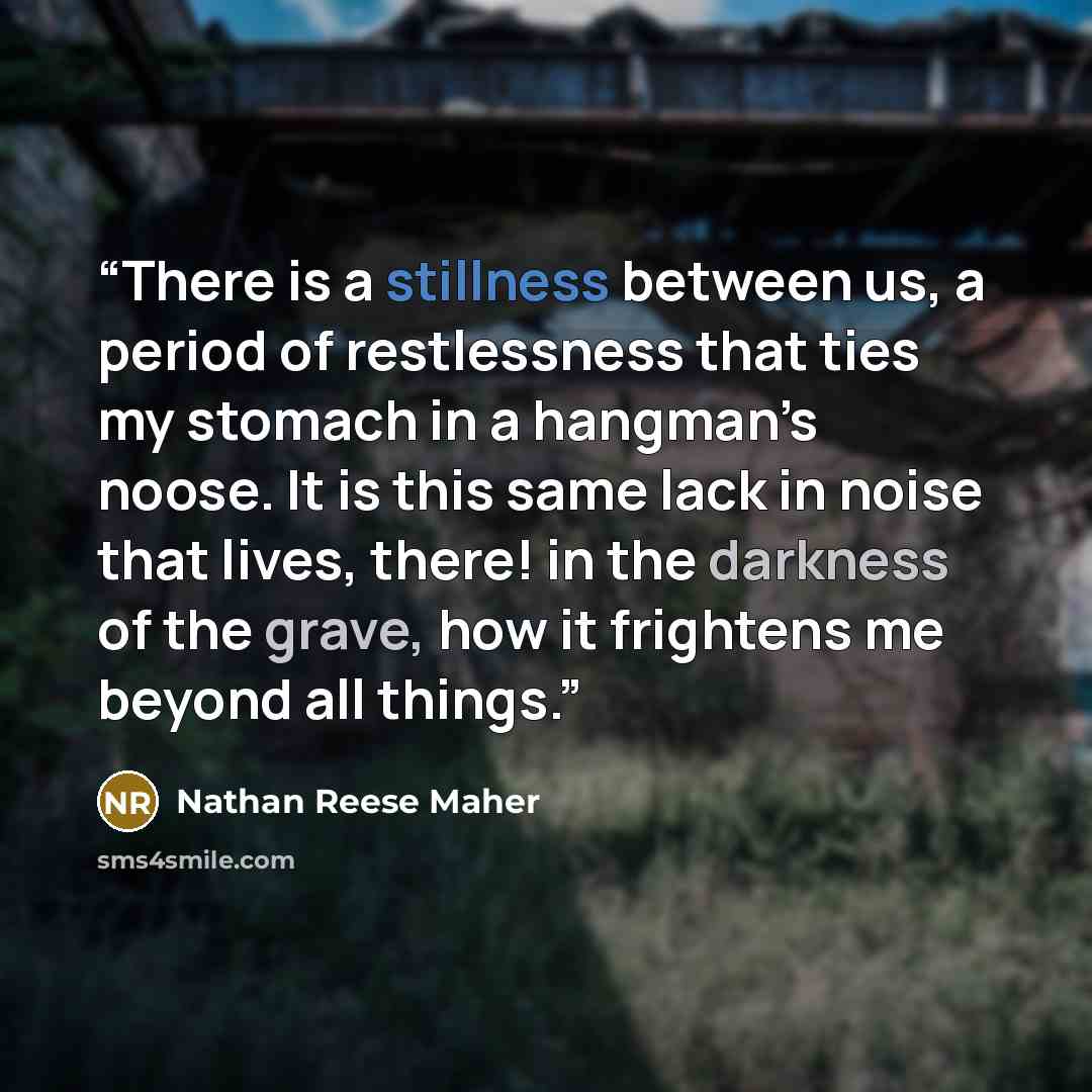 “There is a stillness between us, a period of restlessness that ties my stomach in a hangman’s noose. It is this same lack in noise that lives, there! in the darkness of the grave, how it frightens me beyond all things.” quote by Nathan Reese Maher