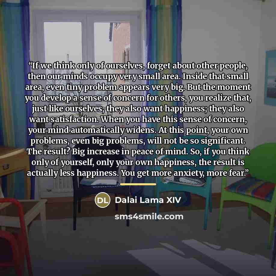 “If we think only of ourselves, forget about other people, then our minds occupy very small area. Inside that small area, even tiny problem appears very big. But the moment you develop a sense of concern for others, you realize that, just like ourselves, they also want happiness; they also want…” quote by Dalai Lama XIV