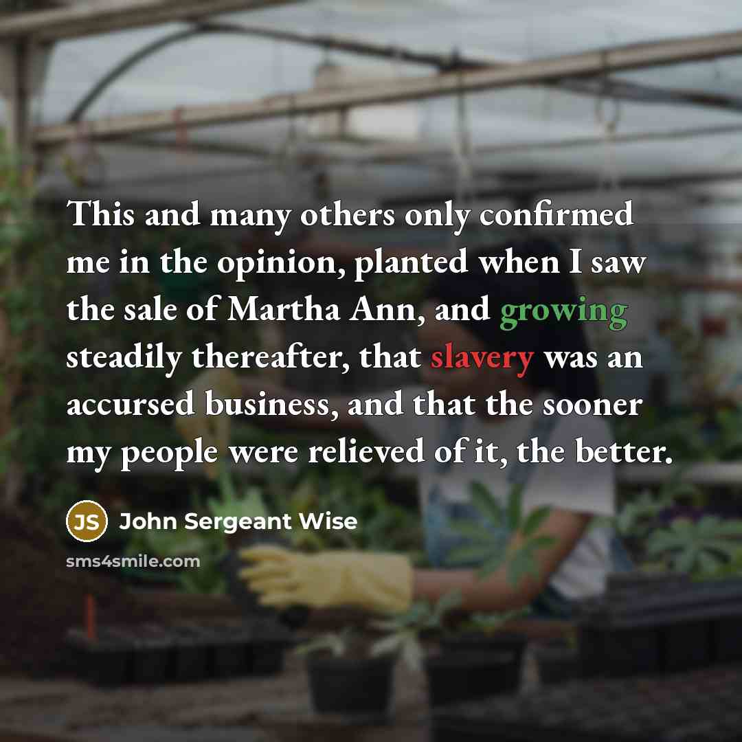 “This and many others only confirmed me in the opinion, planted when I saw the sale of Martha Ann, and growing steadily thereafter, that slavery was an accursed business, and that the sooner my people were relieved of it, the better.” quote by John Sergeant Wise