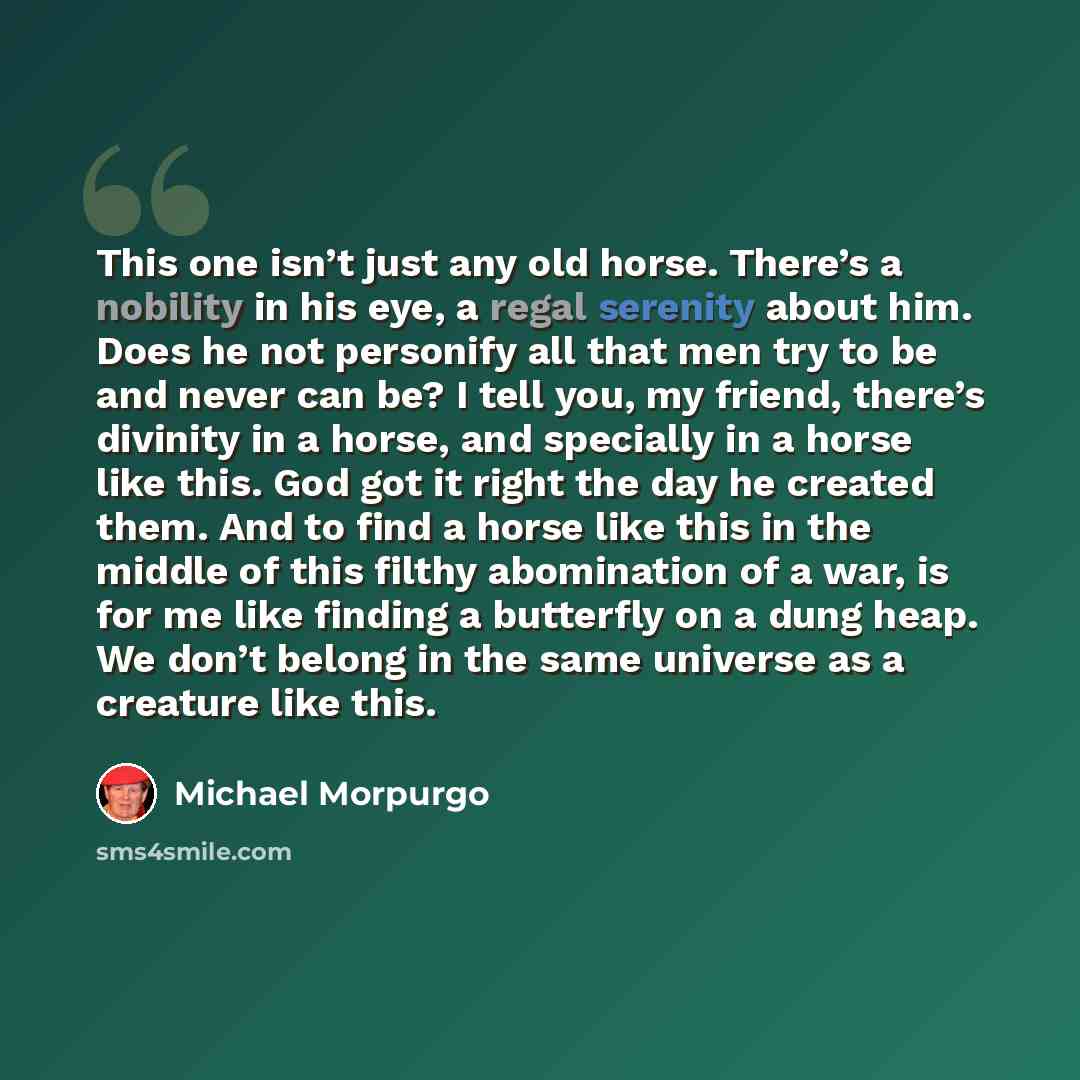 “This one isn’t just any old horse. There’s a nobility in his eye, a regal serenity about him. Does he not personify all that men try to be and never can be? I tell you, my friend, there’s divinity in a horse, and specially in a horse like this. God got it right the day he created them. And to find…” quote by Michael Morpurgo